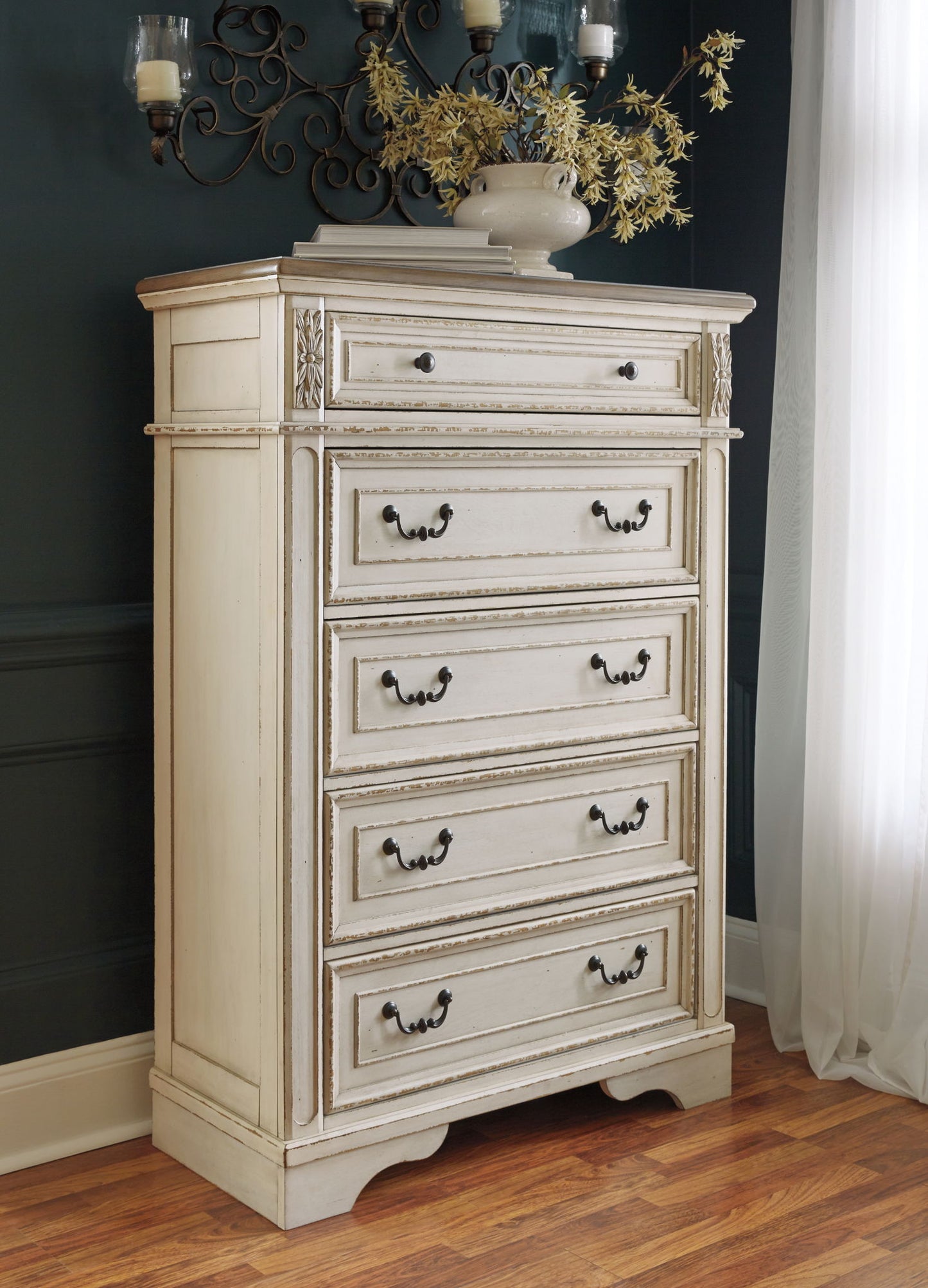 Realyn - Five Drawer Chest - White / Brown / Beige