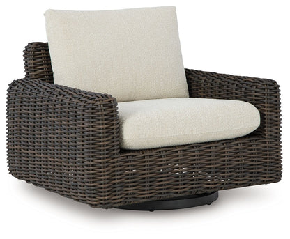 Kimora - 7 Pc. - 4-Piece Outdoor Sectional, Swivel Glider Lounge, Cocktail Table, End Table - Beige / Dark Brown